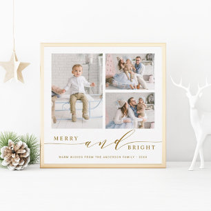 Elegantes Gold Merry & Bright 3 Foto Quadrat Feiertagskarte