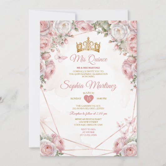 Elegantes Gold mexikanische Rosa Blume Quinceañera Einladung (Vorderseite)