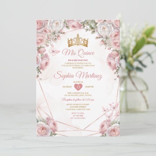Elegantes Gold mexikanische Rosa Blume Quinceañera Einladung (Stehend Vorderseite)