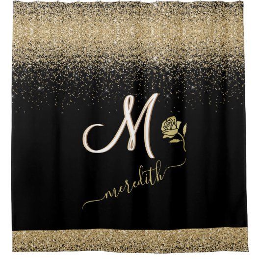 Elegantes Gold mit Schwarz-Monogramm Name Rose Sho Duschvorhang (Vorderseite)
