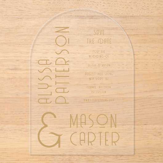 Elegantes Gold Moderne Hochzeit rettet das Datum Acryleinladungen (Vorderseite)