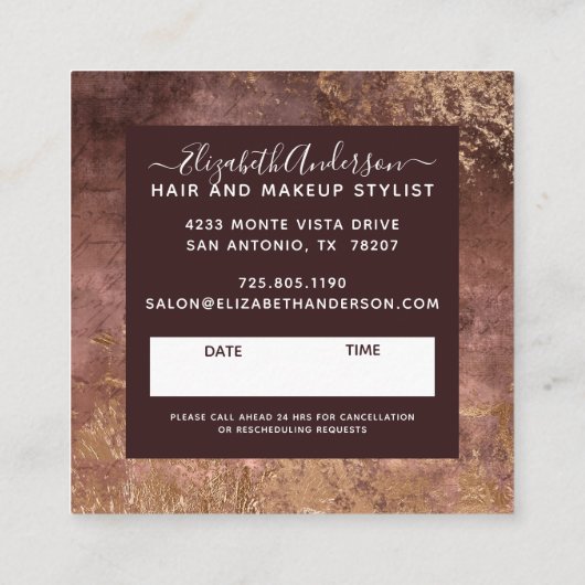 Elegantes Gold Moderner Chic Salon Quadratische Visitenkarte (Rückseite)