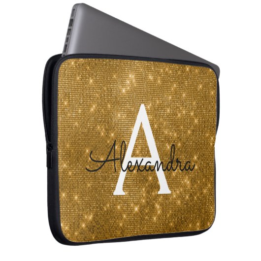 Elegantes Gold Modernes Sparkle Monogram Laptopschutzhülle (Vorne Rechts)