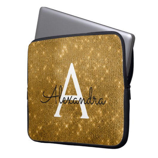 Elegantes Gold Modernes Sparkle Monogram Laptopschutzhülle (Vorderseite Links)