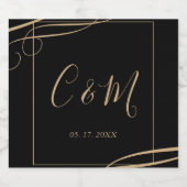 Elegantes Gold Monogram Black Wedding Wine Label Schaumweinetikett (Einzelnes Label)