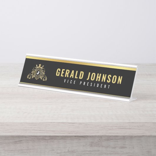 Elegantes Gold Monogram, erstes Design Schreibtischnamensplakette (Vorderseite )