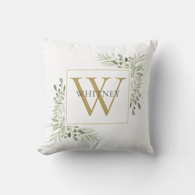 Elegantes Gold Monogram Greenergiefoliage Kissen (Vorderseite)