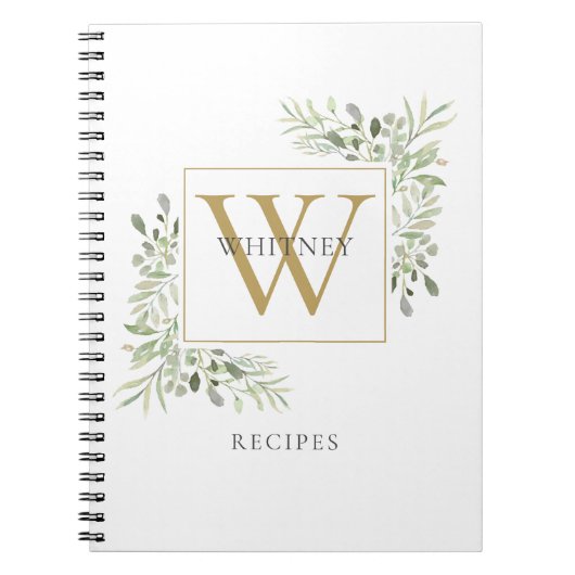 Elegantes Gold Monogram Greenery Rezept Kochbuch Notizblock (Vorderseite)