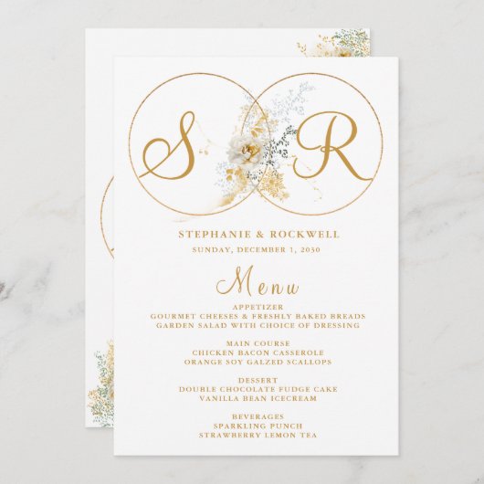 Elegantes Gold Monogram Name Initial Wedding Menu Menükarte (Vorne/Hinten)