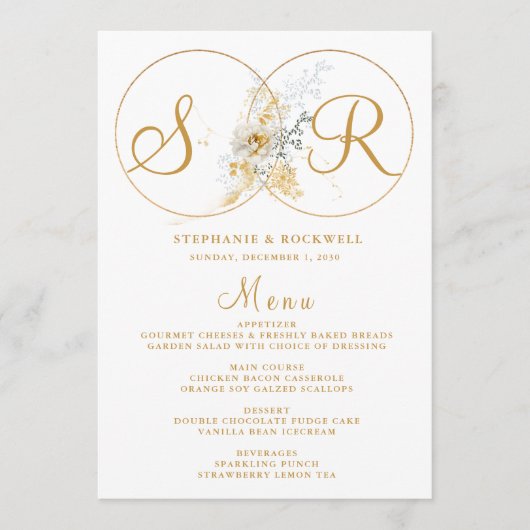 Elegantes Gold Monogram Name Initial Wedding Menu Menükarte (Vorderseite)