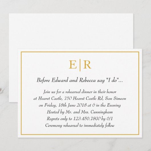 Elegantes Gold Monogram Probe Dinner Einladung (Vorne/Hinten)