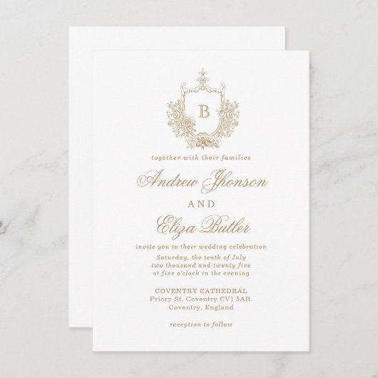 Elegantes Gold Monogram Wappen Custom Wedding Einladung (Vorne/Hinten)