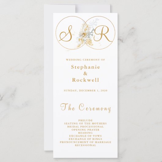 Elegantes Gold Monogram Wedding Programm (Vorderseite)