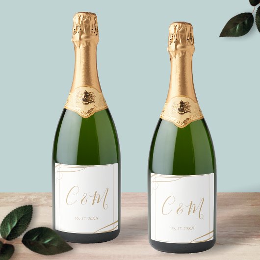 Elegantes Gold Monogram Wedding Wine Label Schaumweinetikett