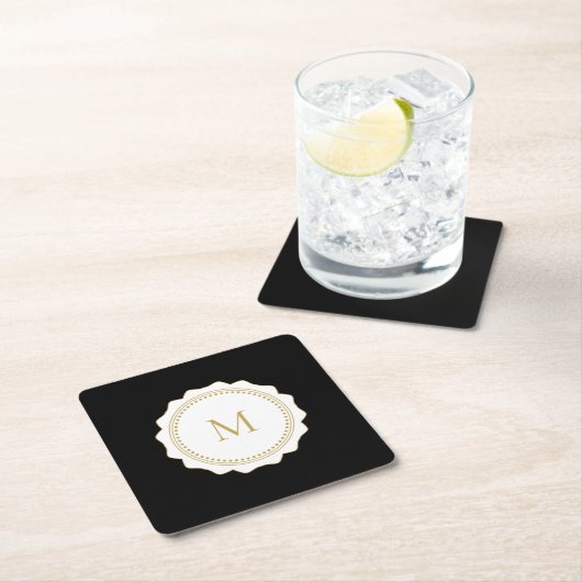 Elegantes Gold Monogramm Schwarz Rechteckiger Pappuntersetzer (Vor Ort)