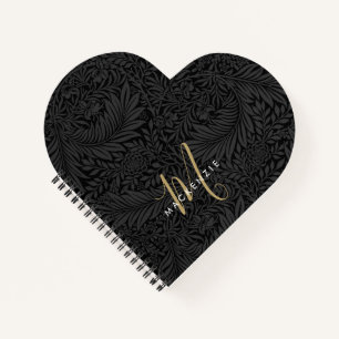 Elegantes Gold-Monogramm Schwarzes Blumenmuster Notizblock