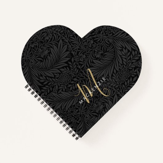 Elegantes Gold-Monogramm Schwarzes Blumenmuster Notizblock (Vorderseite)