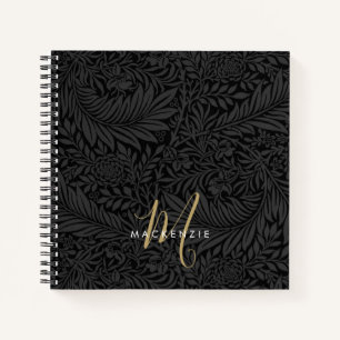 Elegantes Gold-Monogramm Schwarzes Blumenmuster Notizblock