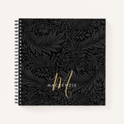 Elegantes Gold-Monogramm Schwarzes Blumenmuster Notizblock (Vorderseite)