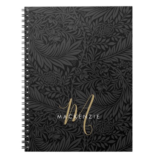 Elegantes Gold-Monogramm Schwarzes Blumenmuster Notizblock (Vorderseite)