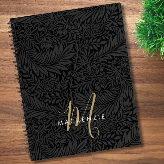 Elegantes Gold-Monogramm Schwarzes Blumenmuster Notizblock
