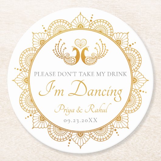 Elegantes Gold Muster Indische Hochzeit Runder Pappuntersetzer (Vorderseite)