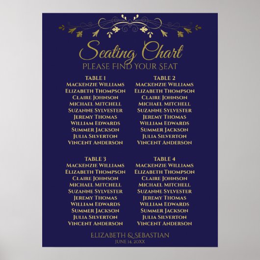 Elegantes Gold & Navy 4 Table Seating Chart Poster (Vorne)