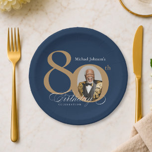 Elegantes Gold Navy Blau Foto 80. Geburtstag Pappteller