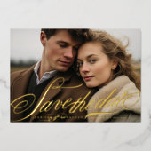 Elegantes Gold Navy Blue Calligraphy QR Code Foto Folieneinladung (Vorderseite)