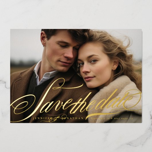 Elegantes Gold Navy Blue Calligraphy QR Code Foto Folieneinladung (Vorderseite)