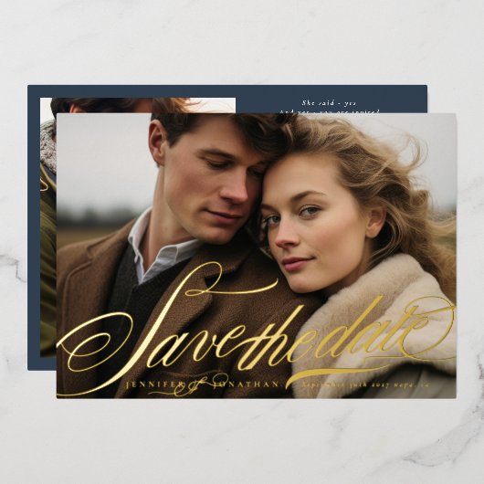 Elegantes Gold Navy Blue Calligraphy QR Code Foto Folieneinladung (Vorderseite/Rückseite)