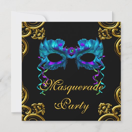 Elegantes Gold Navy Blue Masquerade Party Einladung (Vorderseite)
