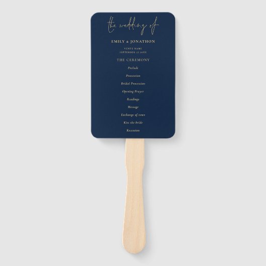 Elegantes Gold Navy Blue Wedding Programm Fächer (Vorderseite)