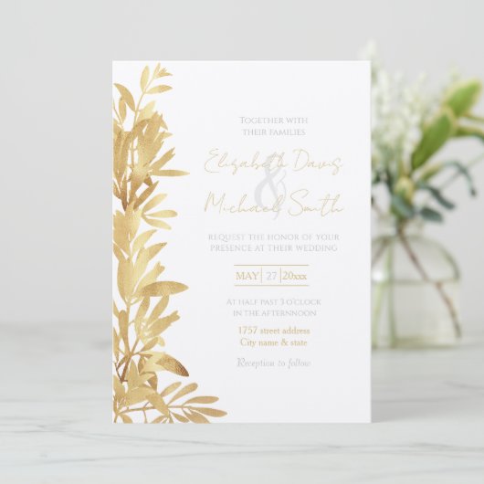 Elegantes Gold Olive Zweig Weißes Muster Einladung (Stehend Vorderseite)