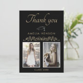 Elegantes Gold Ornament 2 Foto Abschluss Dankeskarte (Stehend Vorderseite)