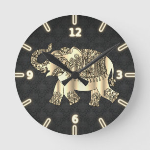 Elegantes Gold Paisley Blumen Elefant, schwarzer D Runde Wanduhr