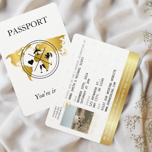 Elegantes Gold Passport Hochzeit in Urlaubsort Fot Einladung