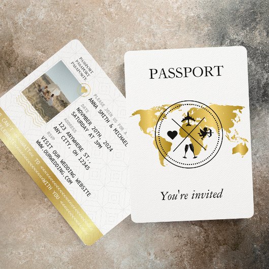 Elegantes Gold Passport Hochzeit in Urlaubsort Fot Einladung