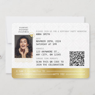 Elegantes Gold Passport Zielort Geburtstag Foto Einladung