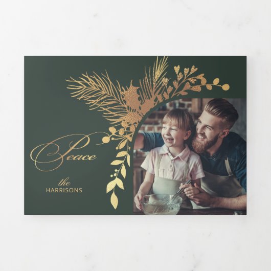 Elegantes Gold Peace Calligraphy Botanisches Foto Dreifach Gefaltete Urlaubskarte (Cover)