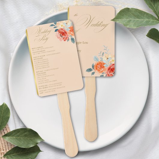 Elegantes Gold Peach Floral Script Hochzeitsprogra Fächer