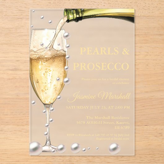 Elegantes Gold Perlen & Prosecco Brautparty Acryleinladungen (Vorderseite)