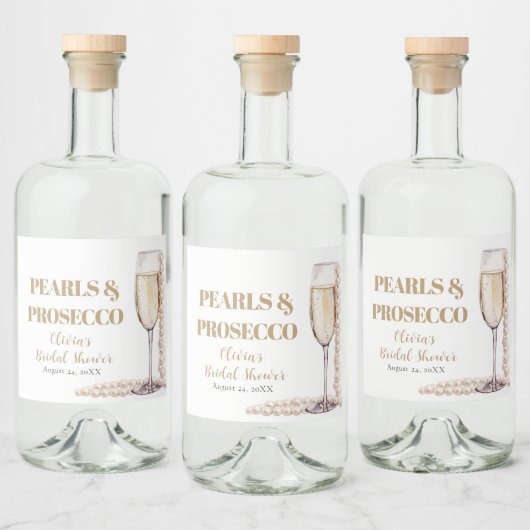 Elegantes Gold Perlen und Prosecco Brautparty Alkoholflaschenetikett (Flaschen)