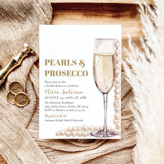 Elegantes Gold Perlen und Prosecco Brautparty Einladung