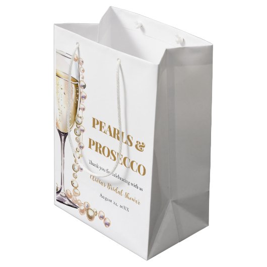 Elegantes Gold Perlen und Prosecco Brautparty Mittlere Geschenktüte (Rückseite Schrägansicht)
