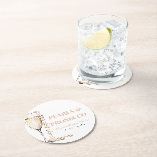 Elegantes Gold Perlen und Prosecco Brautparty Runder Pappuntersetzer (Vor Ort)