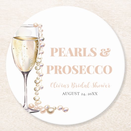 Elegantes Gold Perlen und Prosecco Brautparty Runder Pappuntersetzer (Vorderseite)