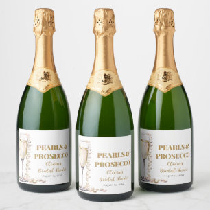 Elegantes Gold Perlen und Prosecco Brautparty Schaumweinetikett