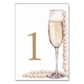Elegantes Gold Perlen und Prosecco Brautparty Tischnummer (Rückseite)