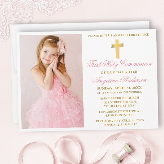 Elegantes Gold Pink Erste Kommunion Foto Einladung